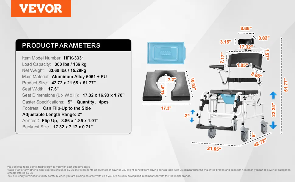 Specyfikacja wózka prysznicowego VEVOR: ładowność 300 funtów, masa netto 33,69 funtów, stop aluminium, szerokość siedziska 17,5".