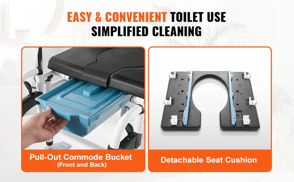 Wózek prysznicowy VEVOR z wysuwanym pojemnikiem toaletowym i zdejmowaną poduszką siedziska ułatwiającą czyszczenie.