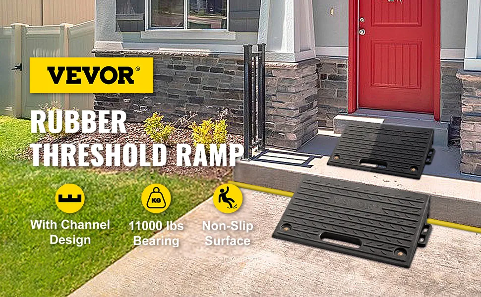 VEVOR rubber threshold ramp with channel design, 11000 lbs bearing, and non-slip surface at a doorstep.