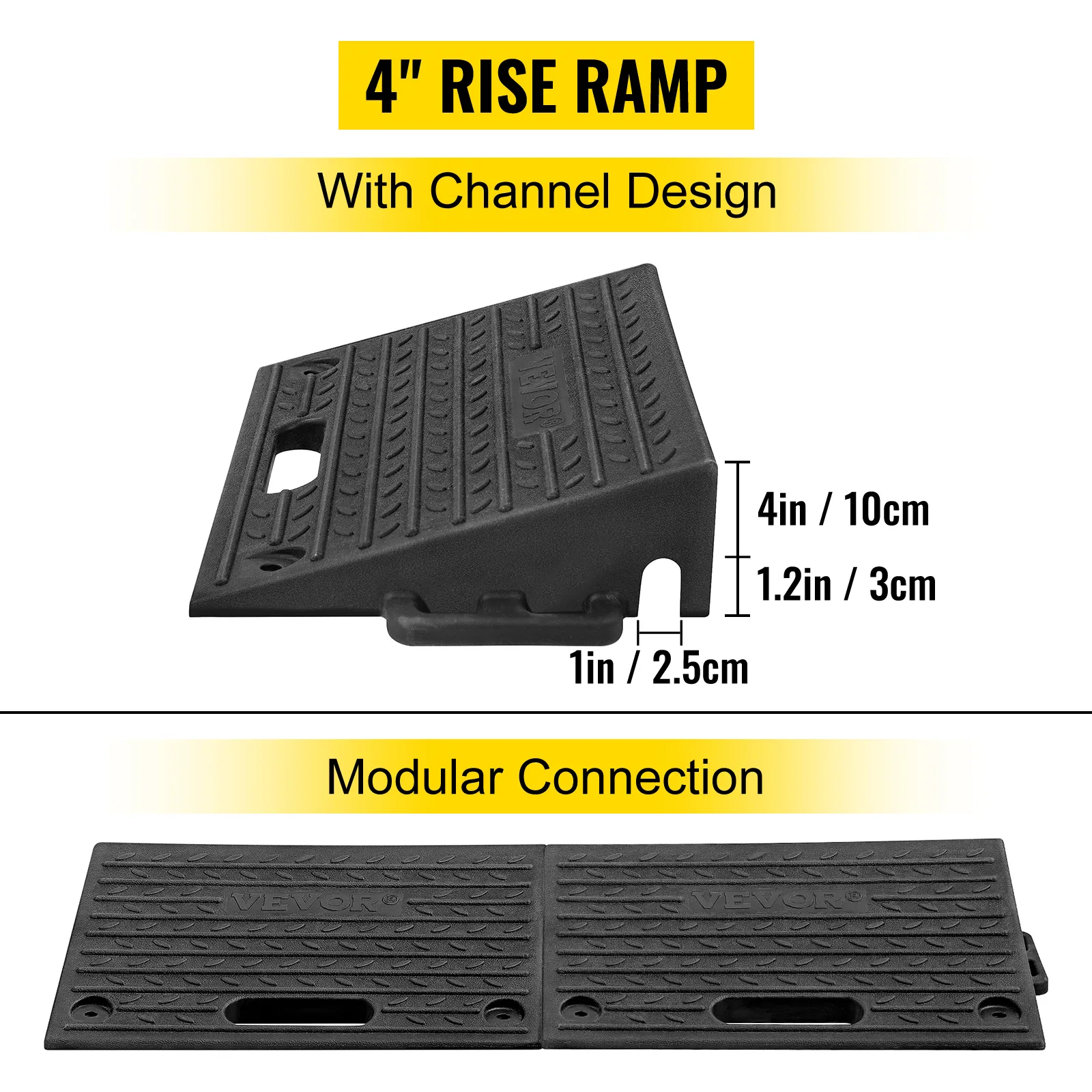 VEVOR rubber threshold ramp with 4" rise, channel design, and modular connection for easy installation.
