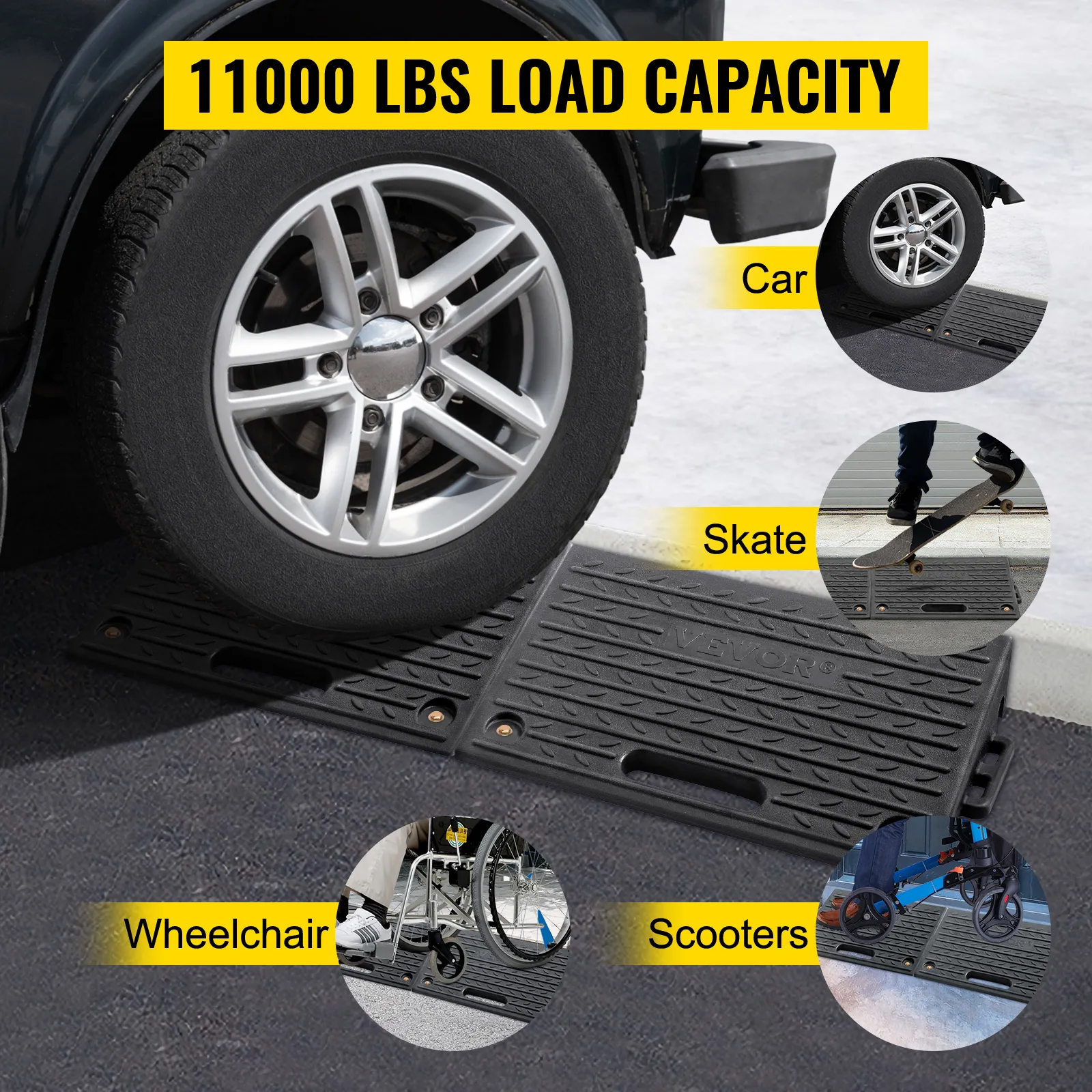 VEVOR rubber threshold ramp showing car, skateboard, wheelchair, and scooters on it, 11000 lbs load capacity.