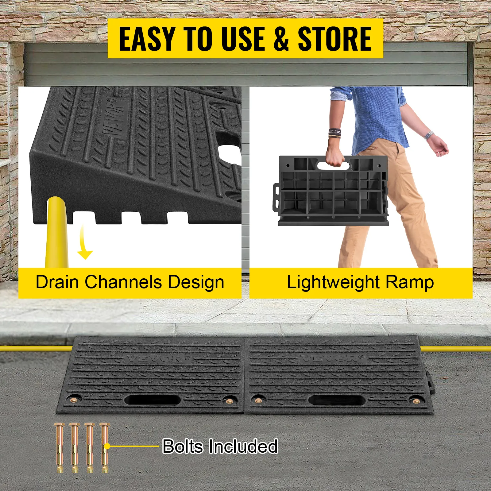 VEVOR rubber threshold ramp with drain channels, lightweight design, and included bolts for easy use.
