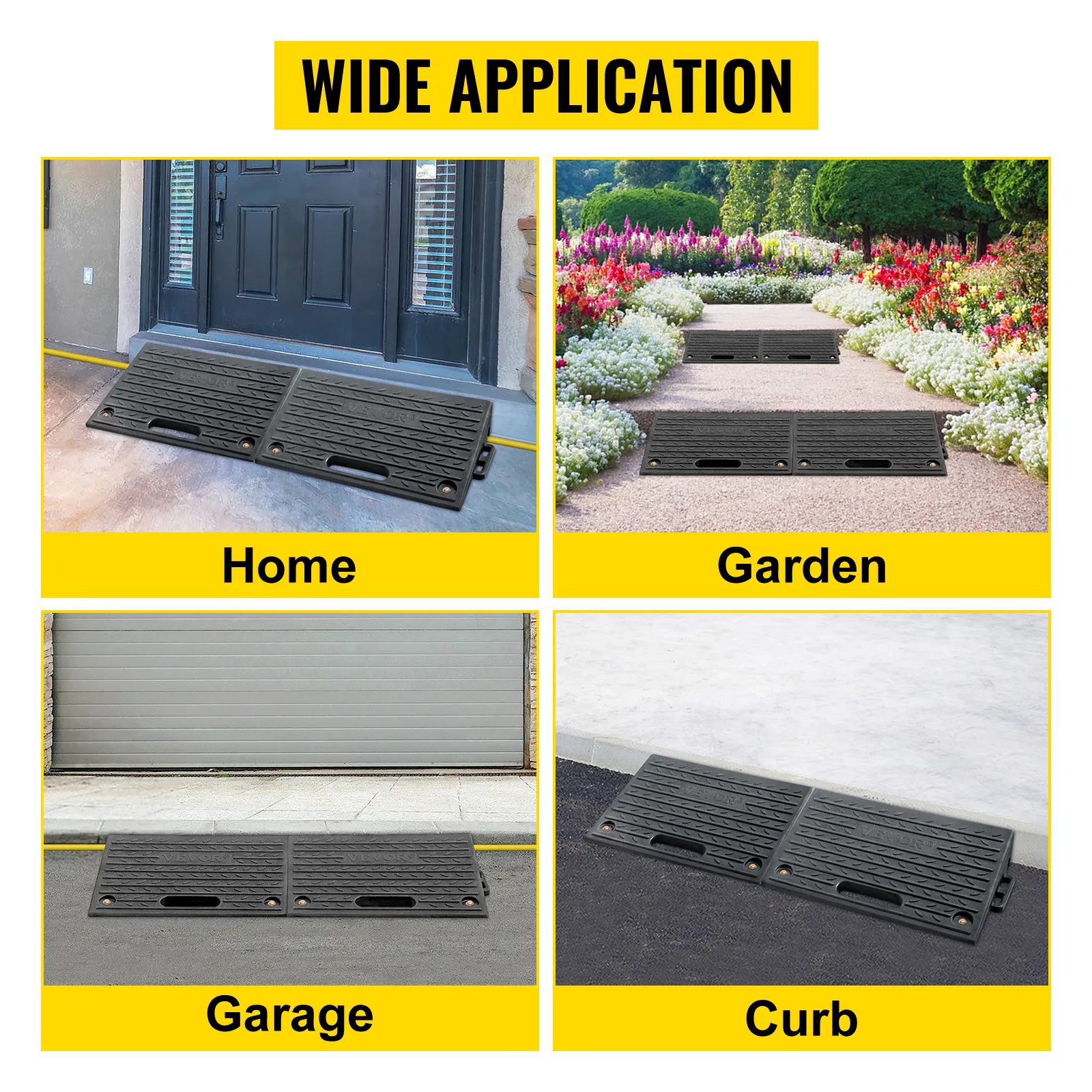 VEVOR rubber threshold ramp for home, garden, garage, and curb application.