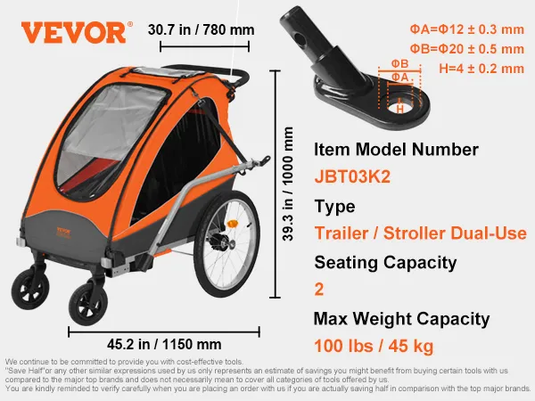 VEVOR bike trailer for toddlers, dual-use, seating for 2, max weight 100lbs, orange color, 33.5 lbs.