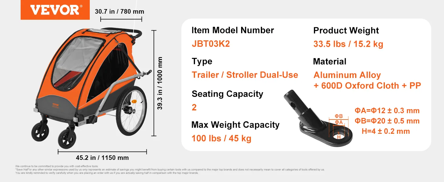 VEVOR bike trailer for toddlers, dual-use, seating for 2, max weight 100lbs, orange color, 33.5 lbs.