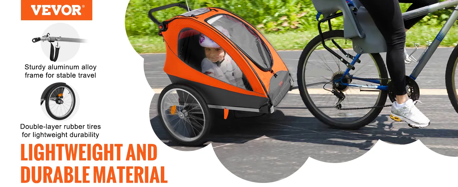 VEVOR bike trailer for toddlers with aluminum alloy frame and double-layer rubber tires for durability.