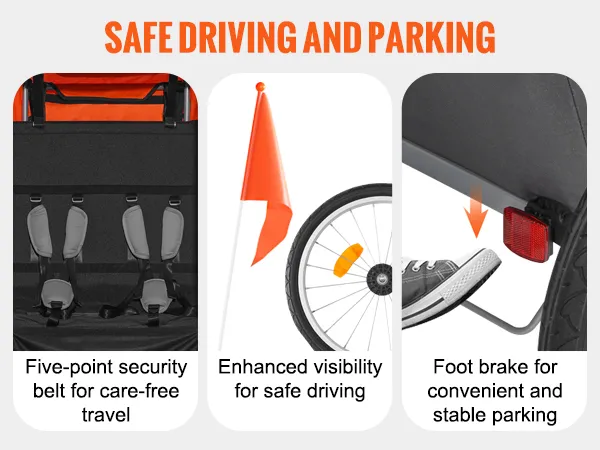 five-point security belt, safety flag, and foot brake ensure safe driving for VEVOR bike trailer for toddlers.
