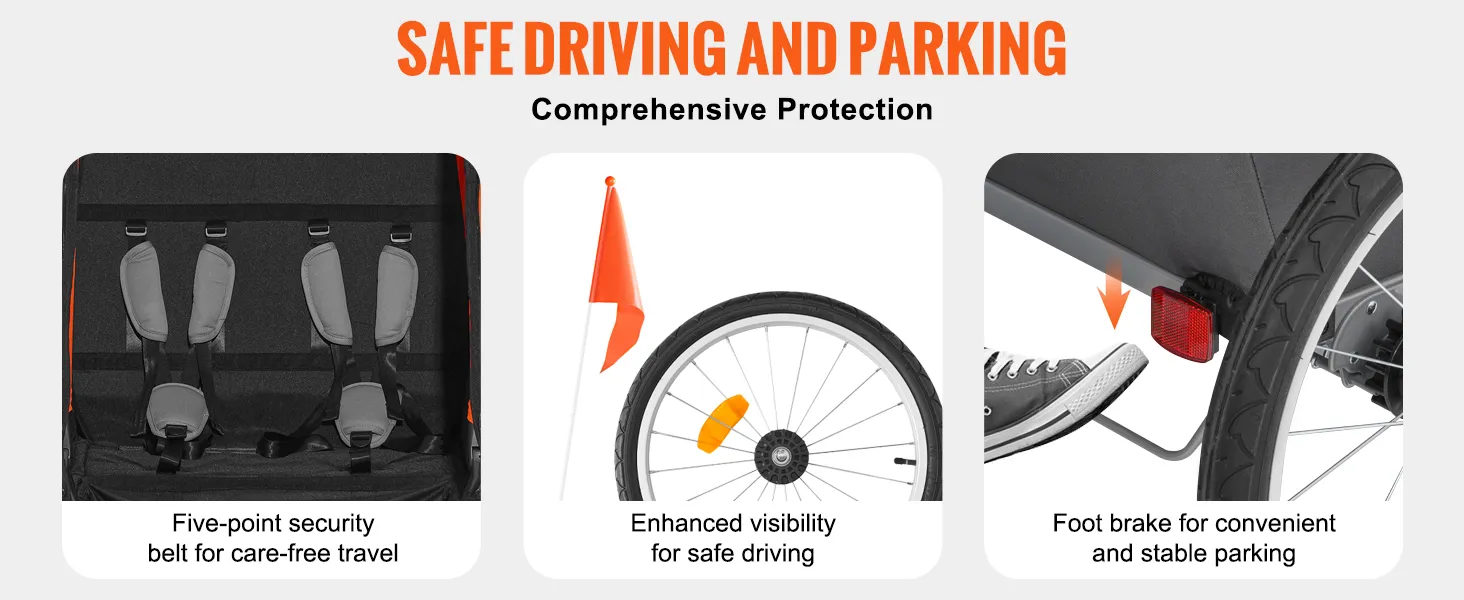 five-point security belt, safety flag, and foot brake ensure safe driving for VEVOR bike trailer for toddlers.