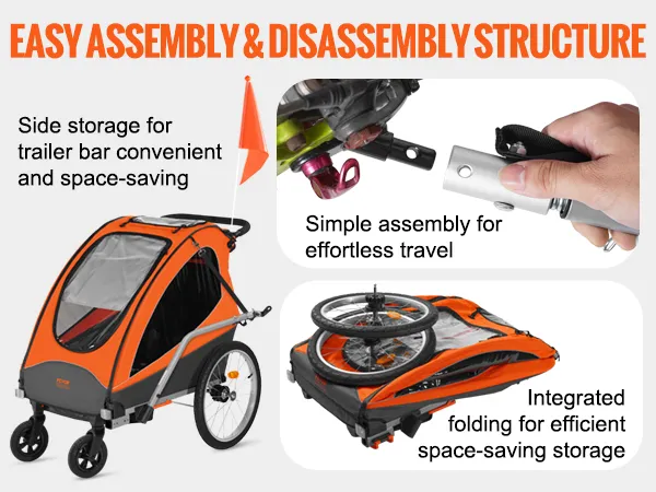VEVOR bike trailer for toddlers with easy assembly and disassembly, side storage, and integrated folding.