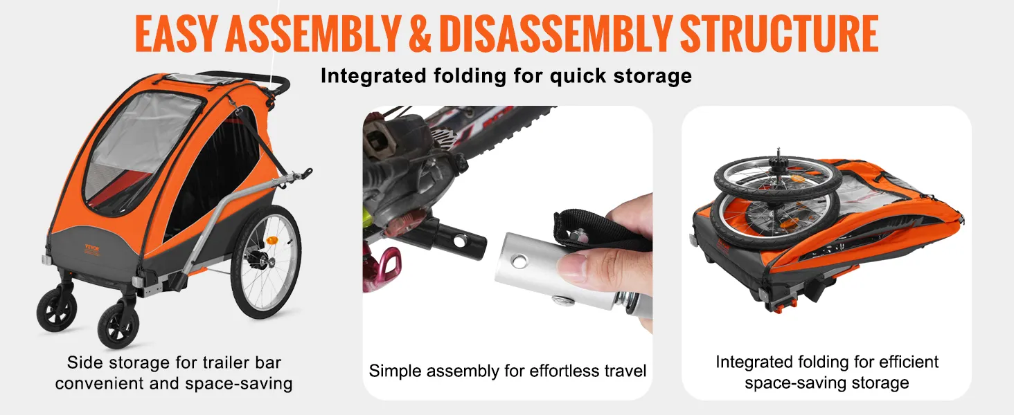 VEVOR bike trailer for toddlers with easy assembly and disassembly, side storage, and integrated folding.