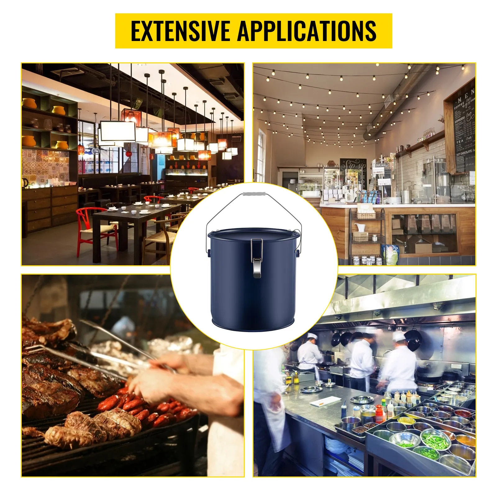 Cubo de grasa para freidoras VEVOR en diversos entornos de restaurantes. Amplias aplicaciones.