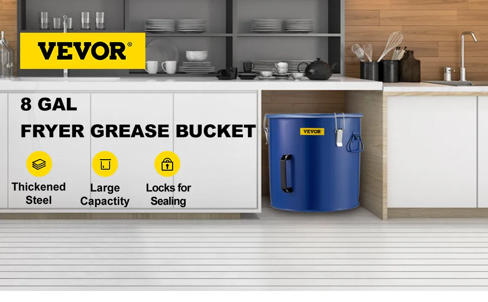 Cubo de grasa para freidora VEVOR en una cocina moderna, que muestra acero engrosado y gran capacidad.