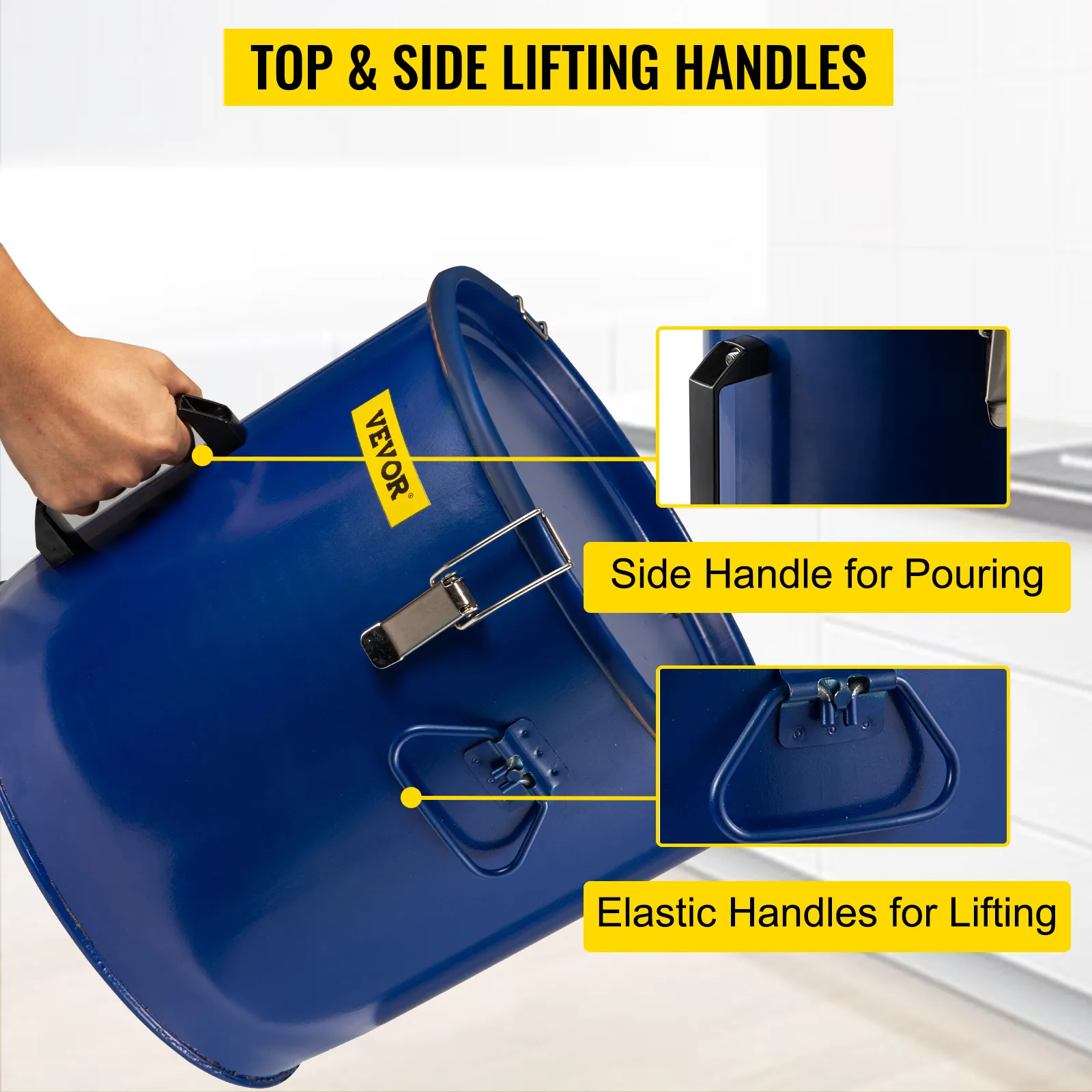 Cubo de grasa para freidora VEVOR azul con asas superiores y laterales para levantar y verter fácilmente.