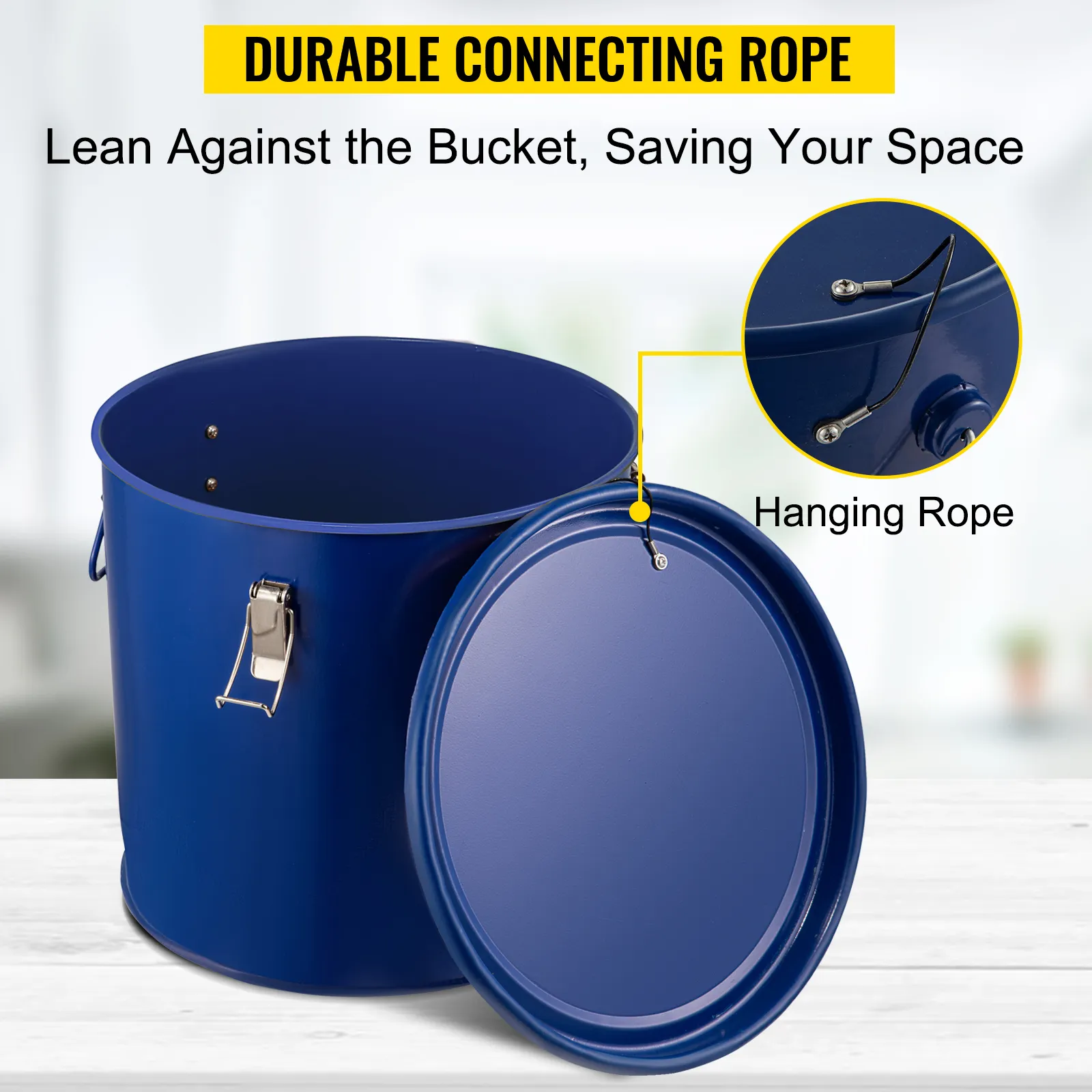 Cubo de grasa para freidora VEVOR azul con tapa colgante y cuerda de conexión duradera.