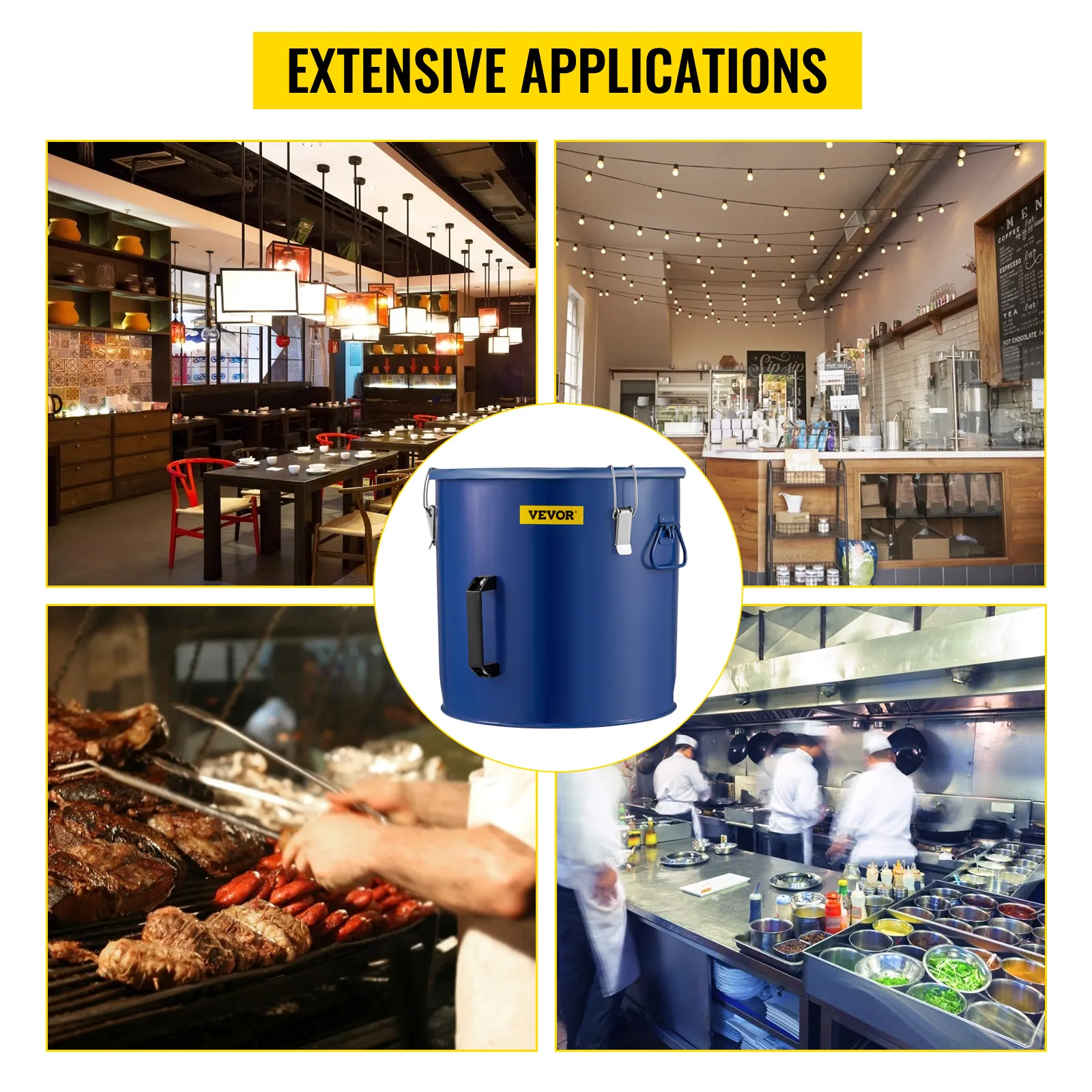 Cubo recogegrasa para freidoras VEVOR con amplias aplicaciones en restaurantes y cocinas.