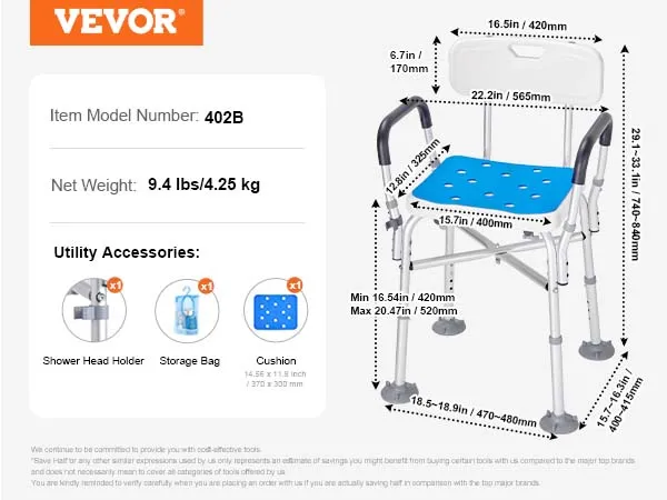 VEVOR shower chair for elderly 402b, 9.4 lbs, adjustable height, blue seat, accessories included.