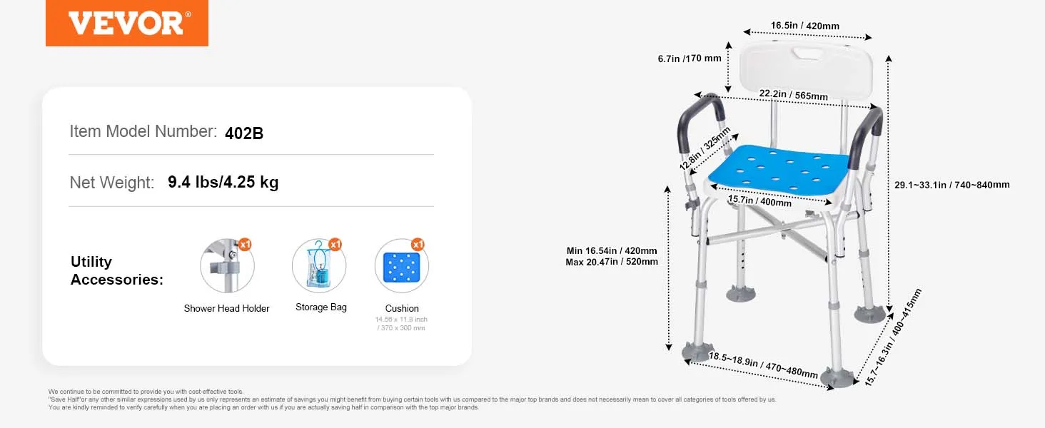 VEVOR shower chair for elderly 402b, 9.4 lbs, adjustable height, blue seat, accessories included.