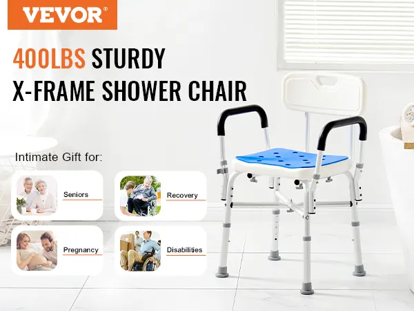 VEVOR shower chair for elderly with 400lbs capacity, ideal for seniors, recovery, pregnancy, disabilities.