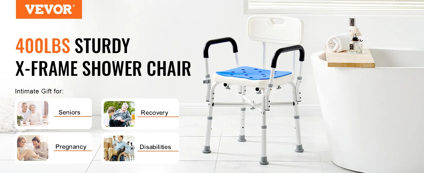 VEVOR shower chair for elderly with 400lbs capacity, ideal for seniors, recovery, pregnancy, disabilities.
