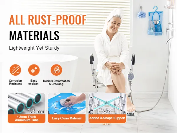 lightweight VEVOR shower chair for elderly with rust-proof materials, easy-clean, and x-shape support.