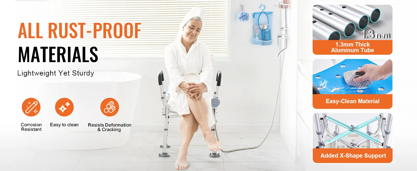 lightweight VEVOR shower chair for elderly with rust-proof materials, easy-clean, and x-shape support.