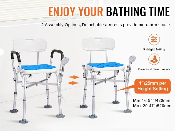 VEVOR shower chair for elderly with adjustable height and detachable armrests for enhanced comfort.