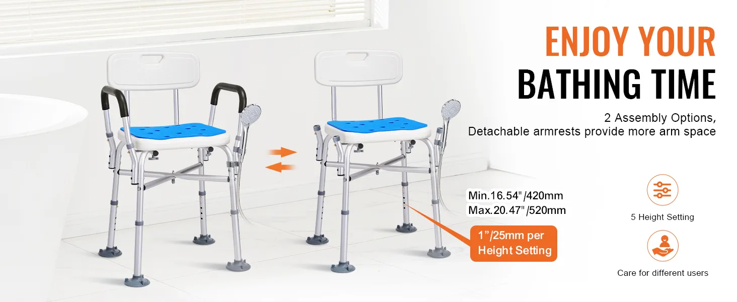 VEVOR shower chair for elderly with adjustable height and detachable armrests for enhanced comfort.