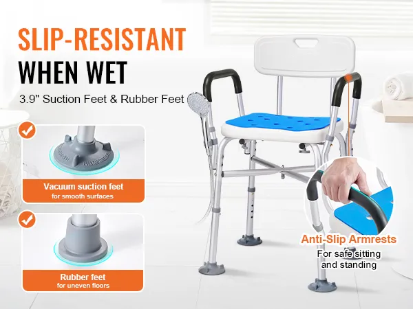 VEVOR shower chair for elderly with suction feet, rubber feet, and anti-slip armrests for safety.