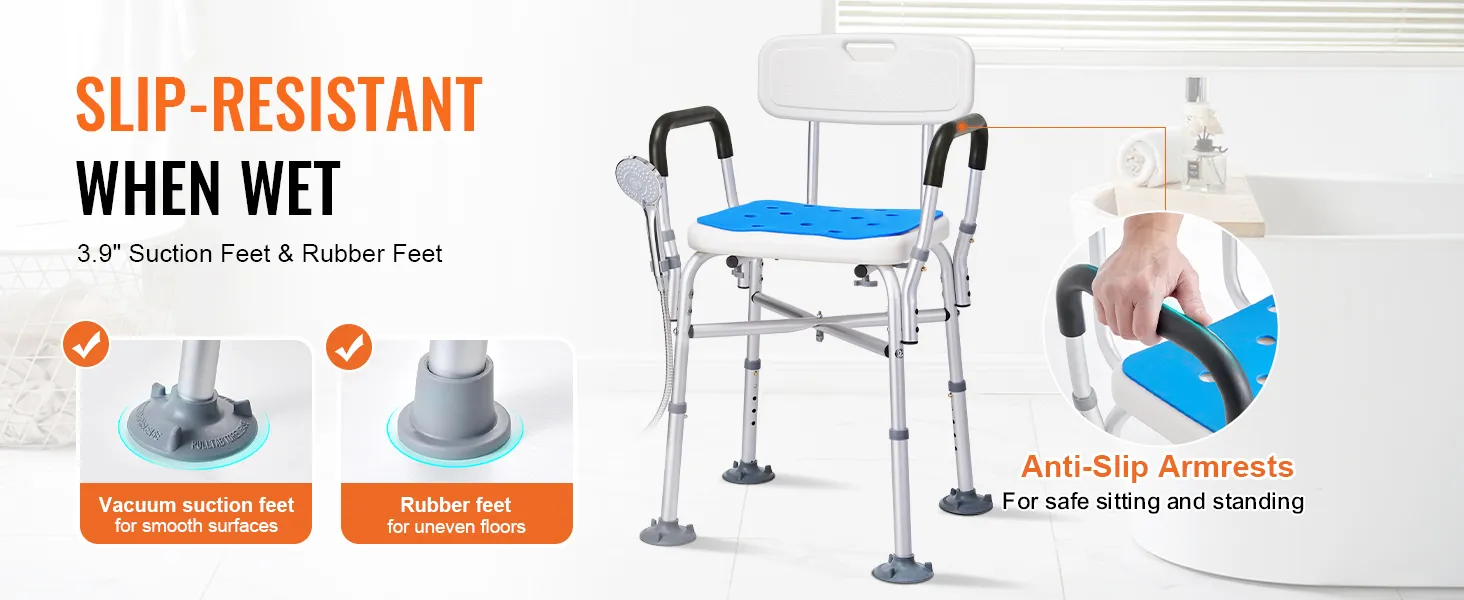 VEVOR shower chair for elderly with suction feet, rubber feet, and anti-slip armrests for safety.
