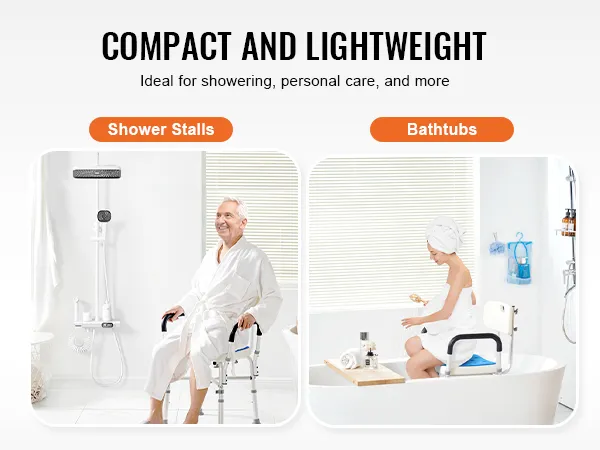 VEVOR shower chair for elderly: compact, lightweight, ideal for showering, personal care in stalls and bathtubs.