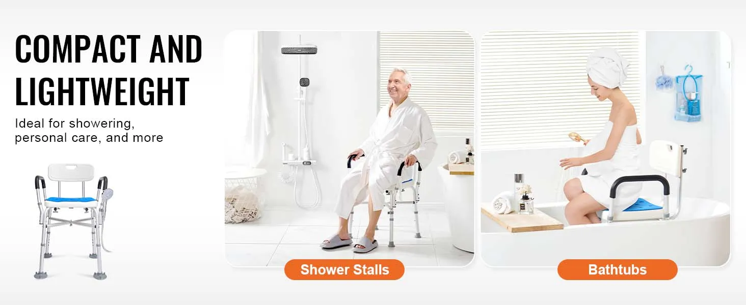 VEVOR shower chair for elderly: compact, lightweight, ideal for showering, personal care in stalls and bathtubs.