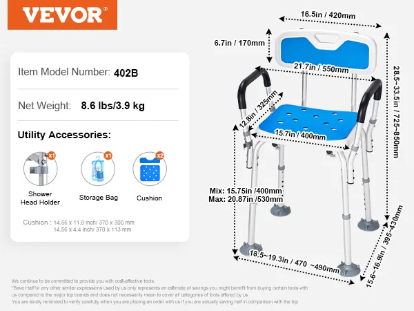 VEVOR shower chair model 402b, dimensions detailed, 8.6 lbs, comes with shower head holder and storage bag.
