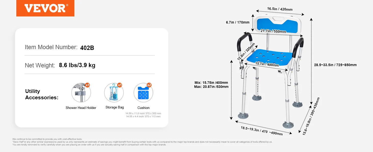 VEVOR shower chair model 402b, dimensions detailed, 8.6 lbs, comes with shower head holder and storage bag.