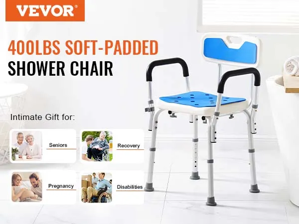 VEVOR shower chair with soft padding, ideal for seniors and recovery, placed next to a white bathtub.