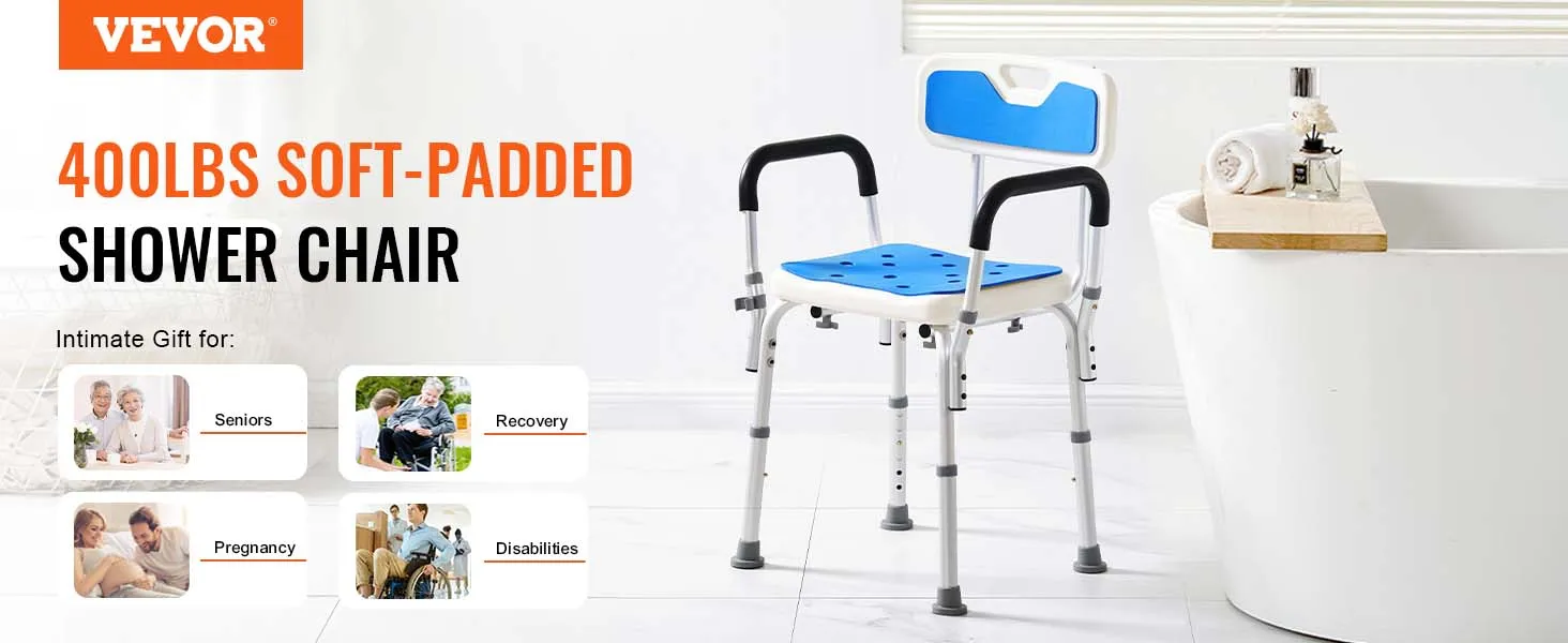 VEVOR shower chair with soft padding, ideal for seniors and recovery, placed next to a white bathtub.