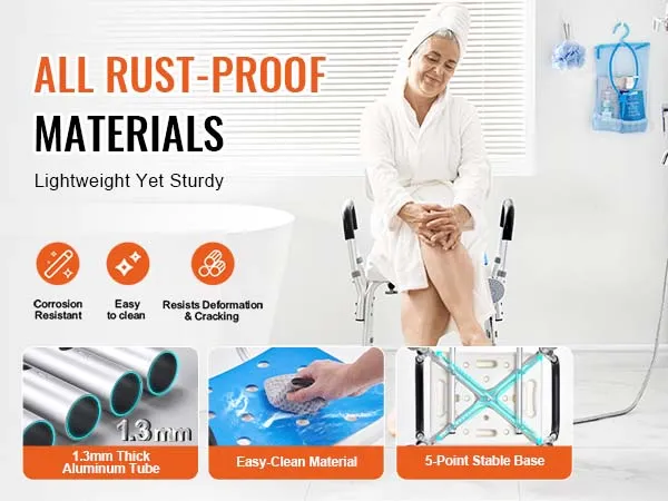 VEVOR shower chair in white bathroom, showcasing rust-proof materials, easy-clean design, and sturdy build.
