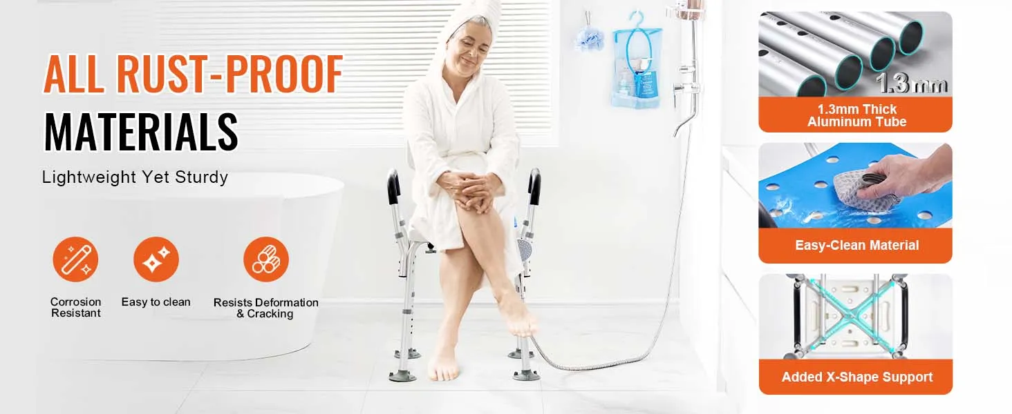 VEVOR shower chair in white bathroom, showcasing rust-proof materials, easy-clean design, and sturdy build.