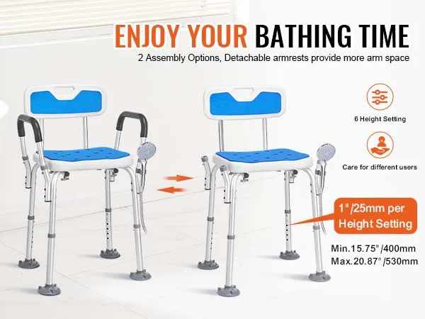 VEVOR shower chair with adjustable height, detachable armrests, and blue seat for maximum comfort.