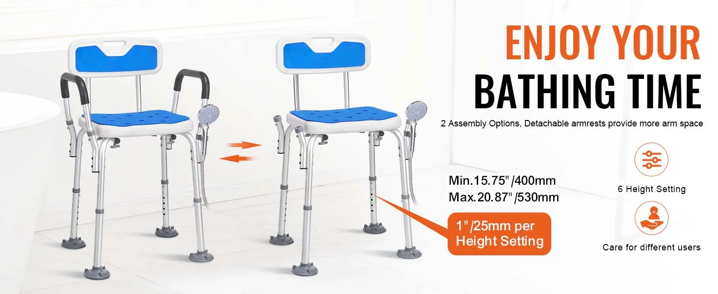 VEVOR shower chair with adjustable height, detachable armrests, and blue seat for maximum comfort.
