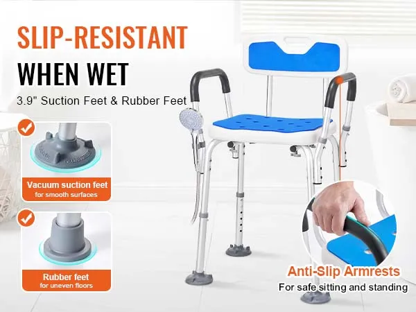 slip-resistant VEVOR shower chair with suction feet, rubber feet, and anti-slip armrests for safety.