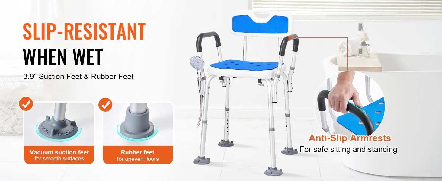 slip-resistant VEVOR shower chair with suction feet, rubber feet, and anti-slip armrests for safety.