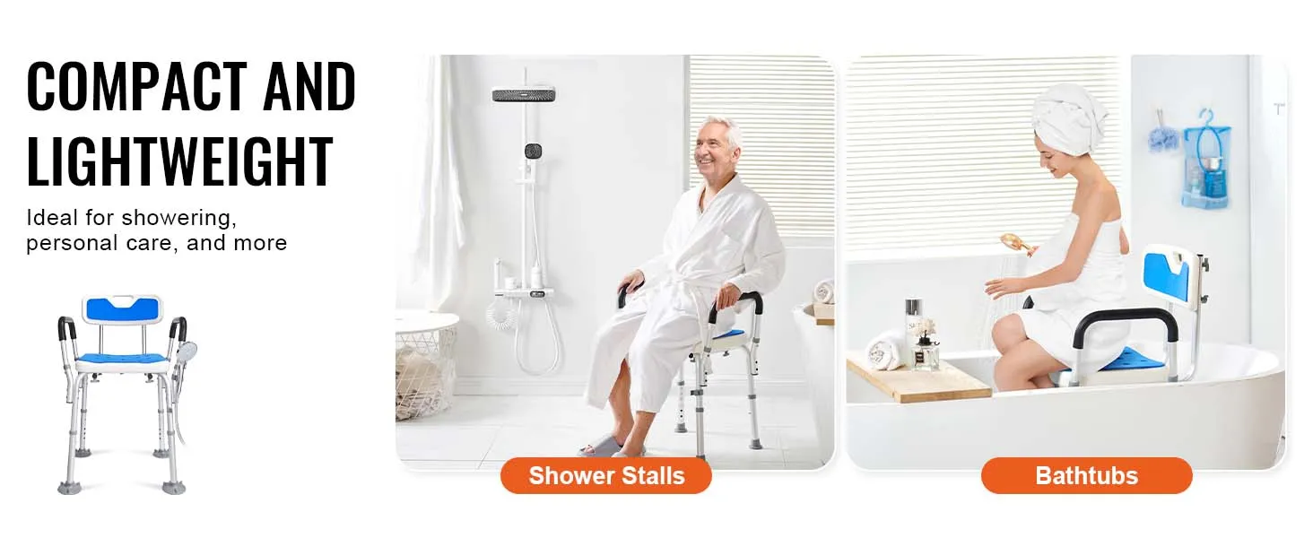 VEVOR shower chair, perfect for shower stalls and bathtubs, providing compact and lightweight support.