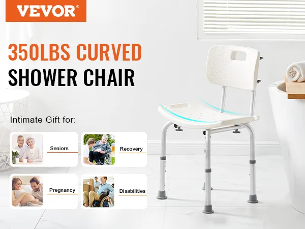 VEVOR shower chair next to a bathtub, ideal for seniors, recovery, pregnancy, and disabilities.