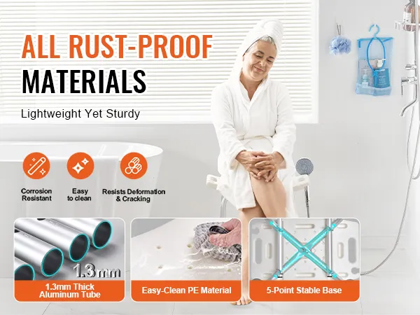 VEVOR shower chair - corrosion resistant, easy to clean, 1.3mm aluminum, 5-point base, lightweight yet sturdy.