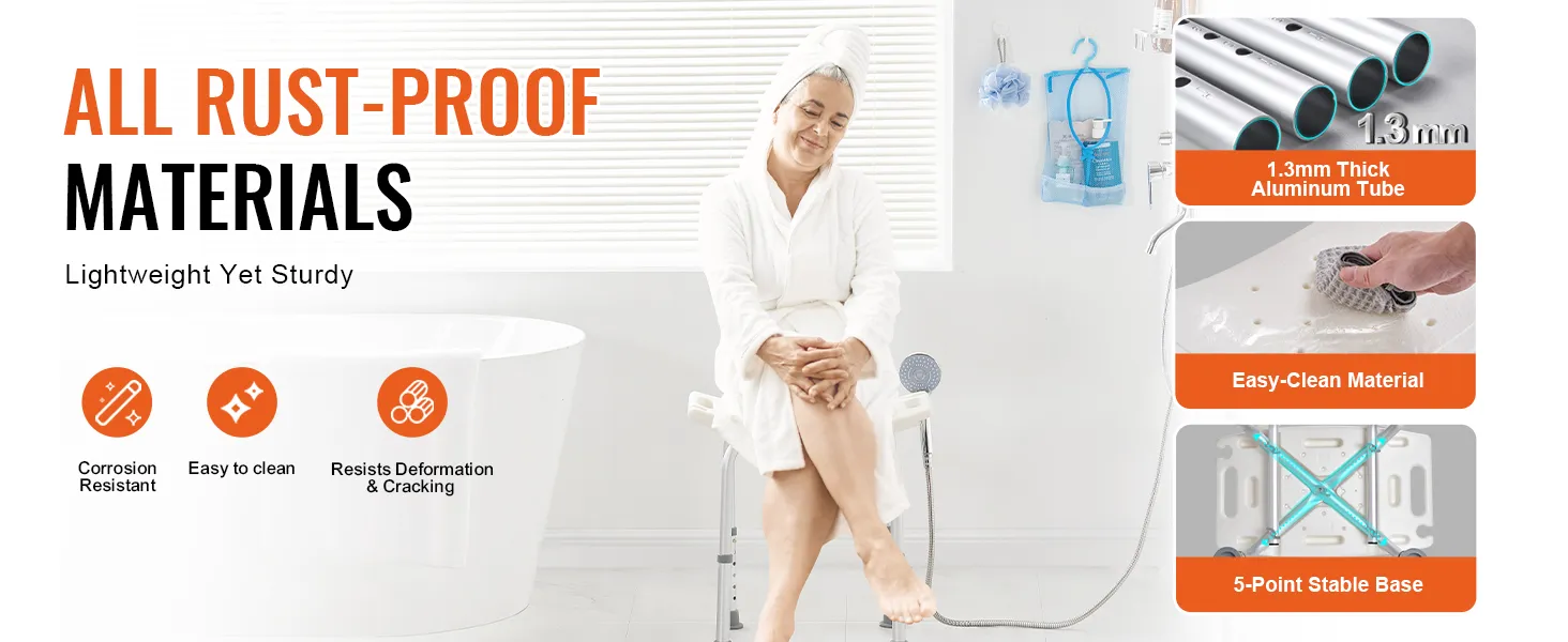 VEVOR shower chair - corrosion resistant, easy to clean, 1.3mm aluminum, 5-point base, lightweight yet sturdy.