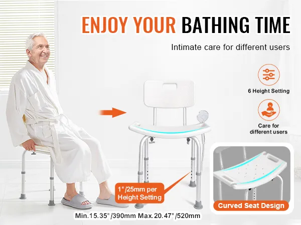 VEVOR shower chair with adjustable height, curved seat design for enhanced comfort, and intimate care.