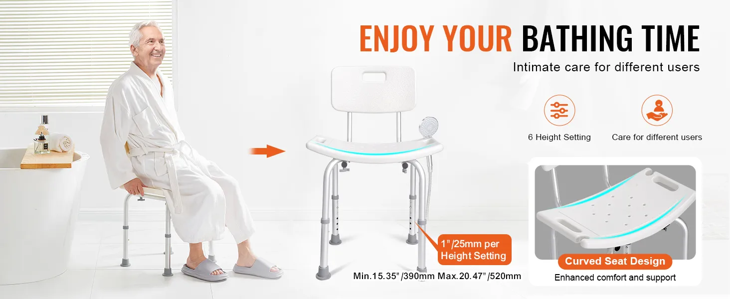 VEVOR shower chair with adjustable height, curved seat design for enhanced comfort, and intimate care.