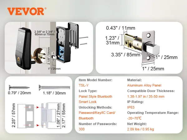 Dimensiones detalladas de la cerradura inteligente VEVOR, componentes de instalación y descripción general de especificaciones.