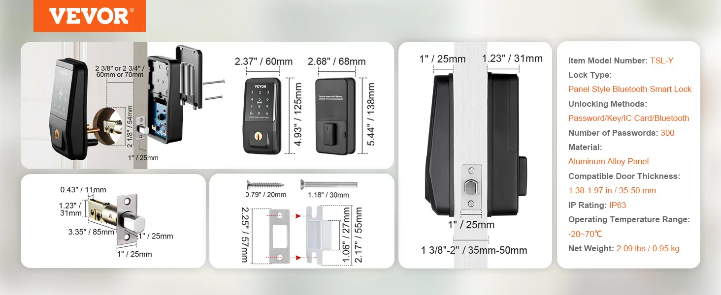 Dimensiones detalladas de la cerradura inteligente VEVOR, componentes de instalación y descripción general de especificaciones.