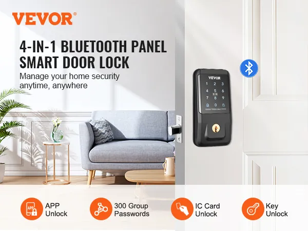 Cerradura inteligente VEVOR, panel Bluetooth 4 en 1 para seguridad del hogar con aplicación, llave, tarjeta IC y desbloqueo con contraseña.